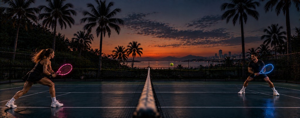 Night tennis match at sunset, with illuminated pink and blue rackets